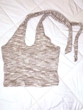 H&M DIVIDED Minimalist Beige Marled Knit Halter Crop Top Tie Back Summer Sz M